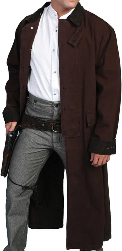 Langer Westernmantel mit Cowboy-Motiv für Herren, aus Segeltuch in voller Länge