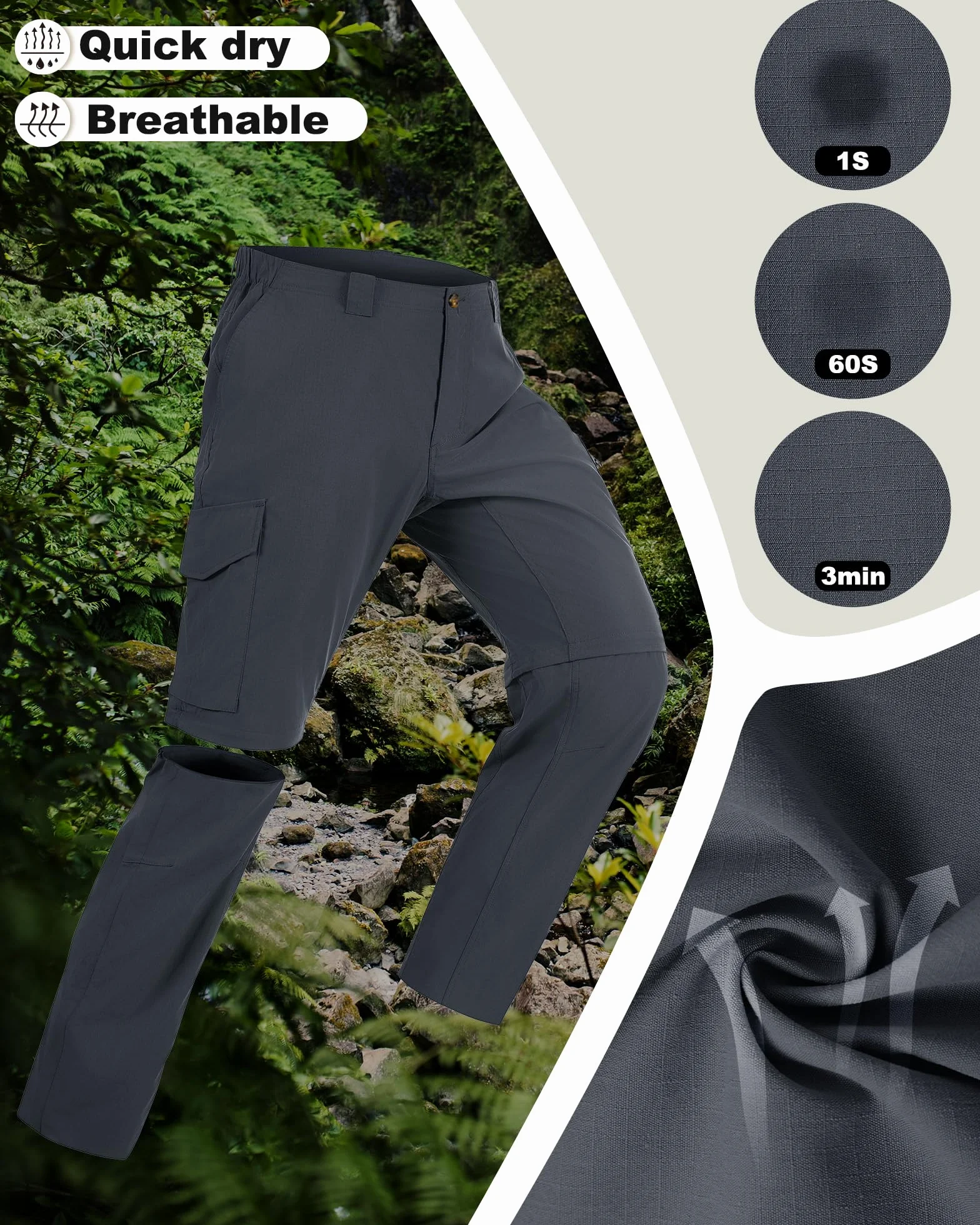 33,000ft Wanderhose Herren Zip Off Trekkinghose, Atmungsaktiv Abnehmbar Stretch Outdoorhose mit 6 Taschen，Sommer Funktionshose Schnell Trockend Leichte Kurze Hose für Wandern Fahrrad