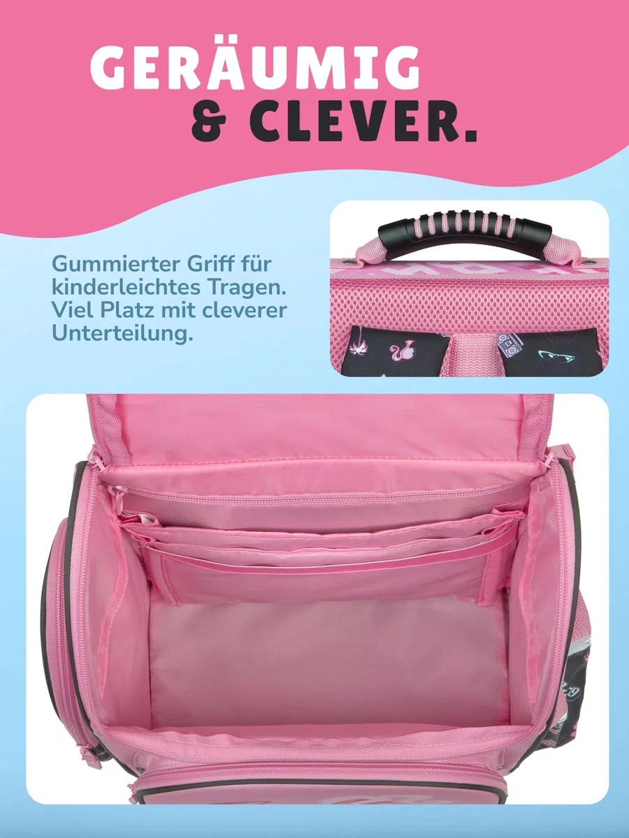 Familando - Schulranzen Set CLOU - 9-teilig mit Sporttasche - Barbie - Ergonomisch, stabil & mit gepolstertem Rücken - 930g leicht - 15L Volumen - Mit Reflektoren - Für Grundschule ab 1. Klasse
