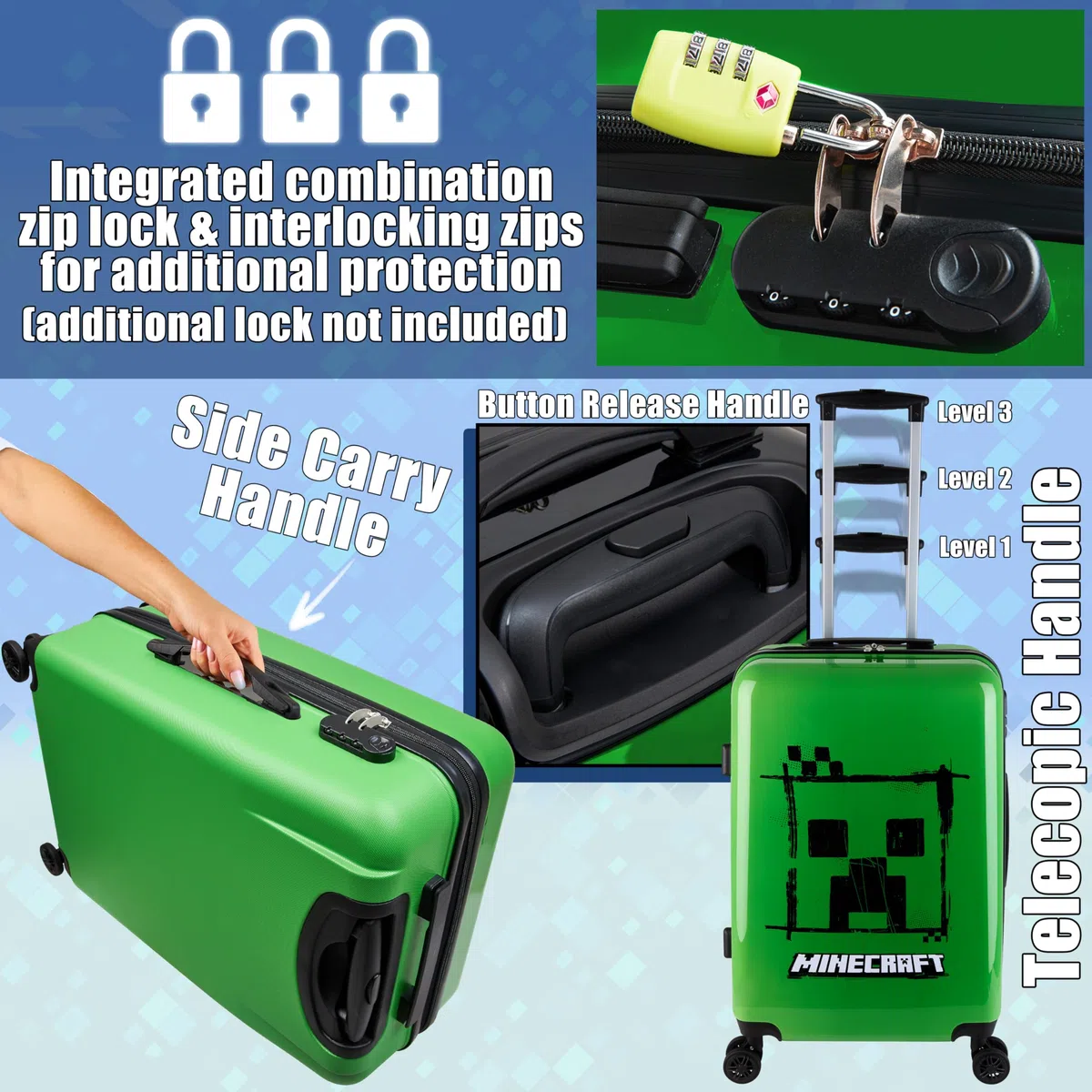 Minecraft Hartschalen Koffer Trolley Kinder Reisekoffer Leicht Reisetrolley 4 Rollen für Mädchen Jungen und Teenager