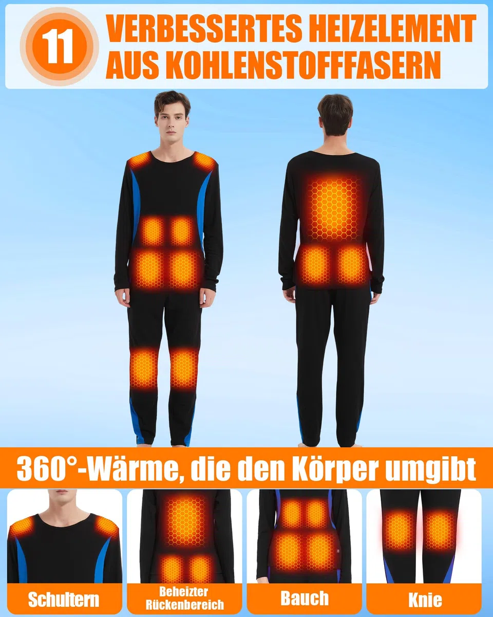 CYCYHEAT Beheizbare Unterwäsche Herren & Damen – Elastisches Thermo-Unterwäsche-Set mit Verbesserter Heiztechnologie und 7,4V 10000mAh Akku, 3 Heizstufen für Winter, Zuhause