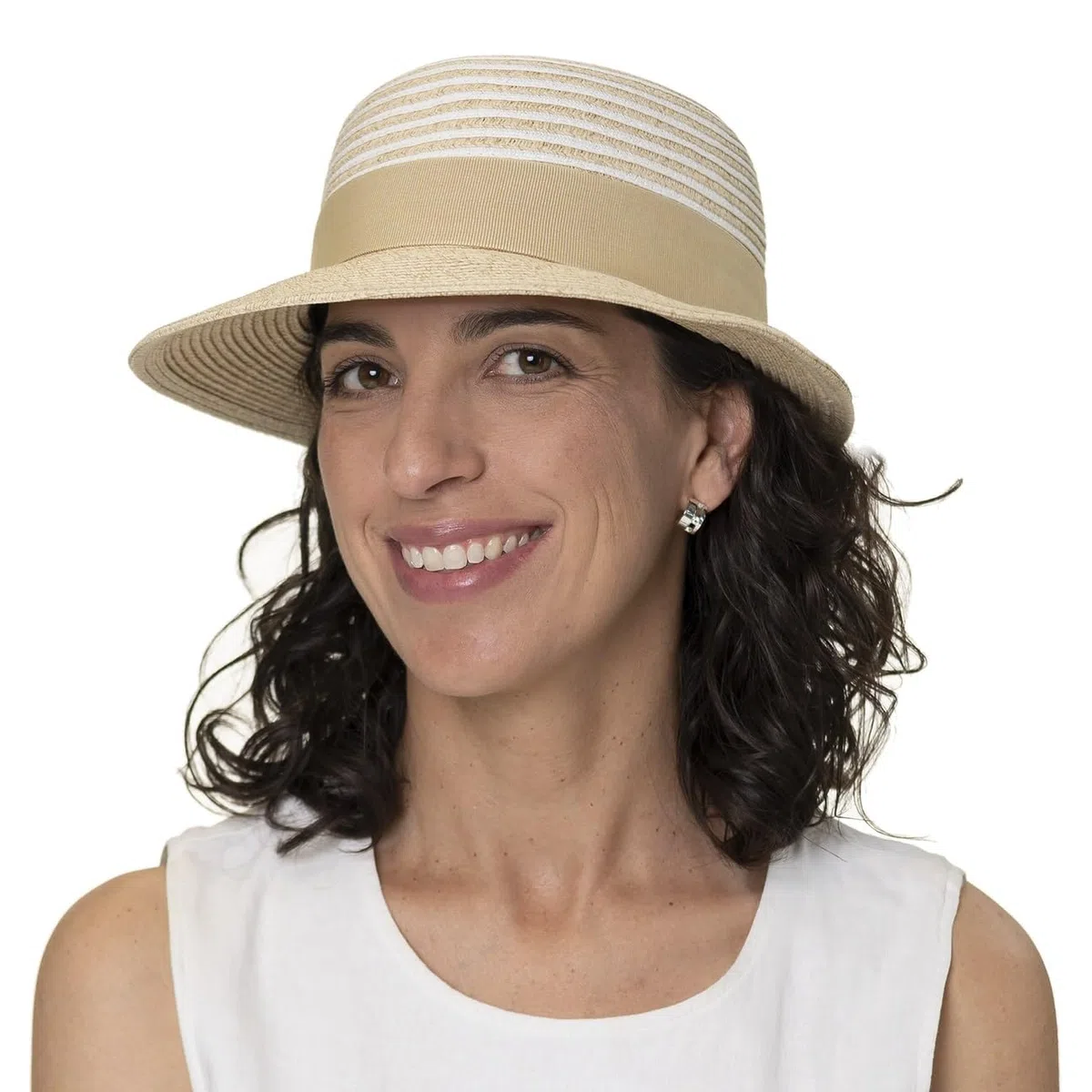 Tusali Twotone Strohhut Damenhut Sommerhut Sonnenhut Strandhut Damen - Made in Italy mit Schirm, Ripsband Sommer Frühling-Sommer