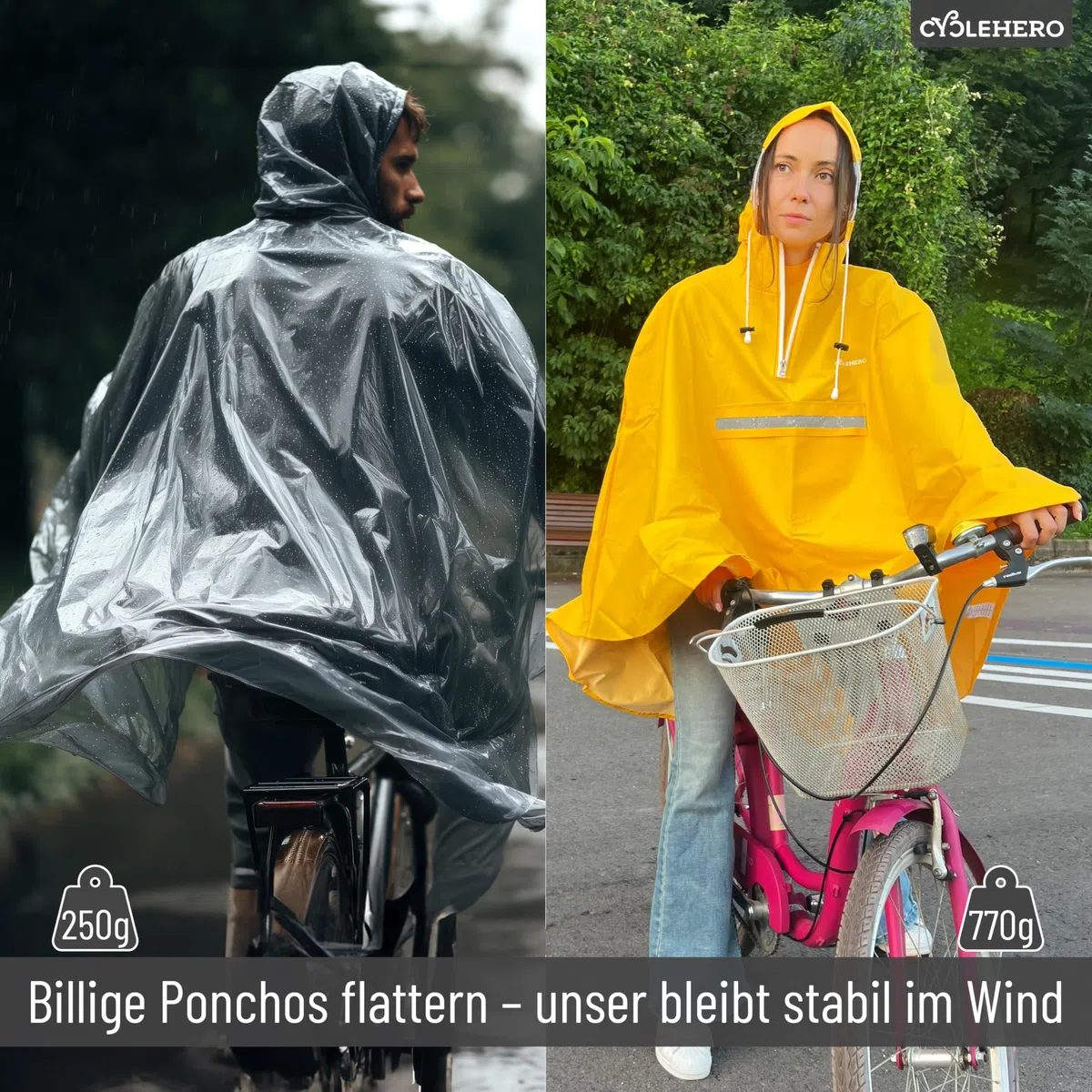 Regenponcho Fahrrad extra wasserdicht und robust - TEST SEHR GUT - Premium Regencape Fahrrad mit Reflektoren, Sichtfenster - Regenbekleidung als Regenponcho Herren und Damen - Regenjacke