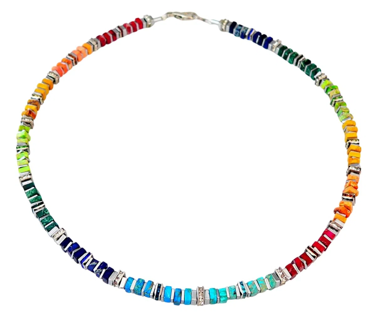 Generisch Halskette, Kette, Collier Armband Ohrringe Schmuck Set, Edelstein Impressions Jaspis, Quadrate Hämatit Strass mehrfarbig multicolor bunt