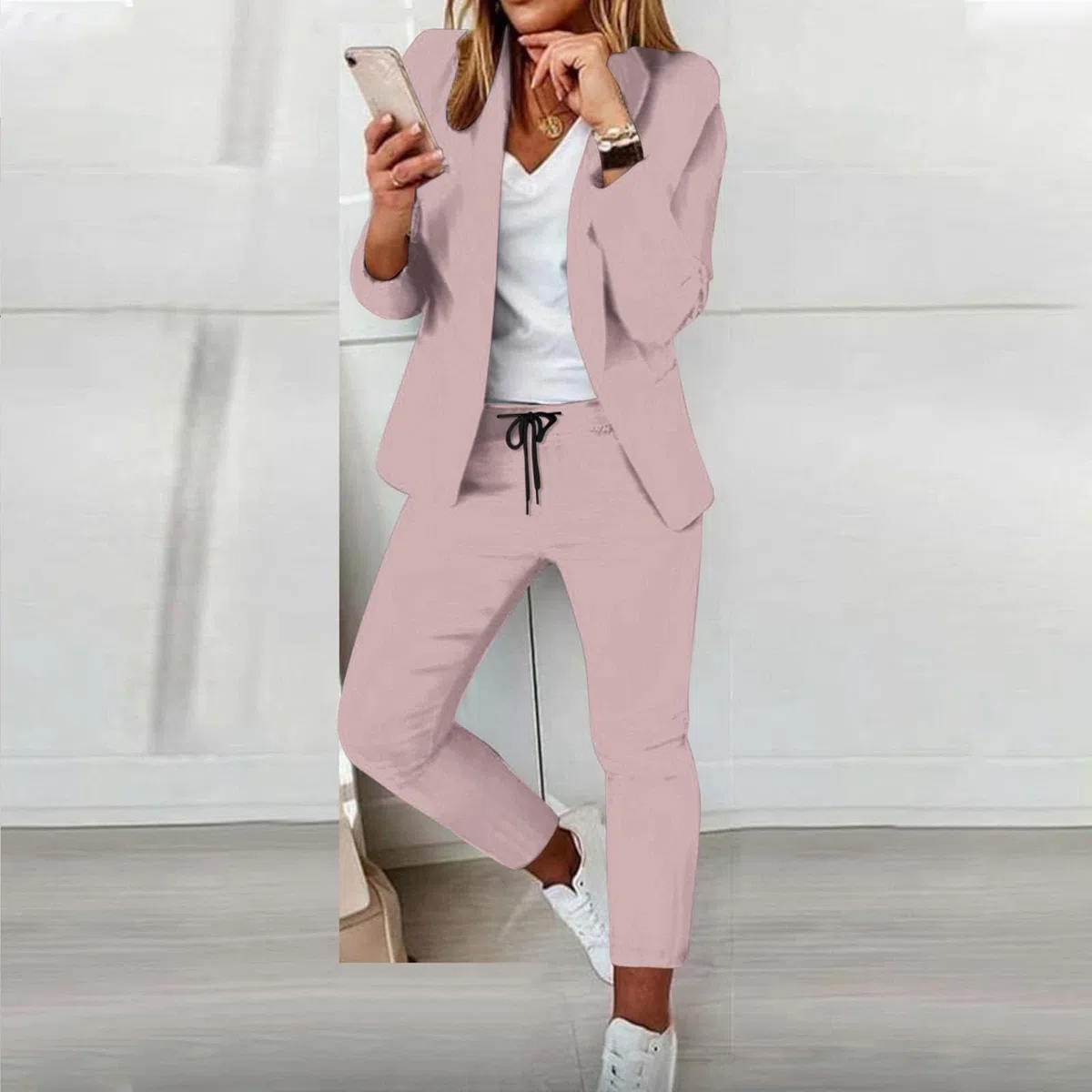 Hosenanzüge Damen Elegant Blazer 2-teilig Anzugjacke Karo Einfarbig Anzug Set Slimfit Festlich Damenanzug Freizeitmantel Business Mode Revers Mantel Sportlich Streetwear