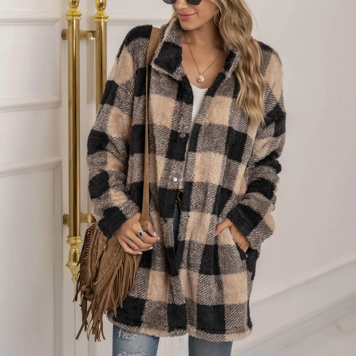 DeaAmyGline Fleecejacke Damen Lang Karierte Winter Jacke Mantel Parka Cardigan Plüschjacke Plüschmantel Wintermantel Winterjacke Fleece Jacken Damenjacken Teddyjacke für Frauen