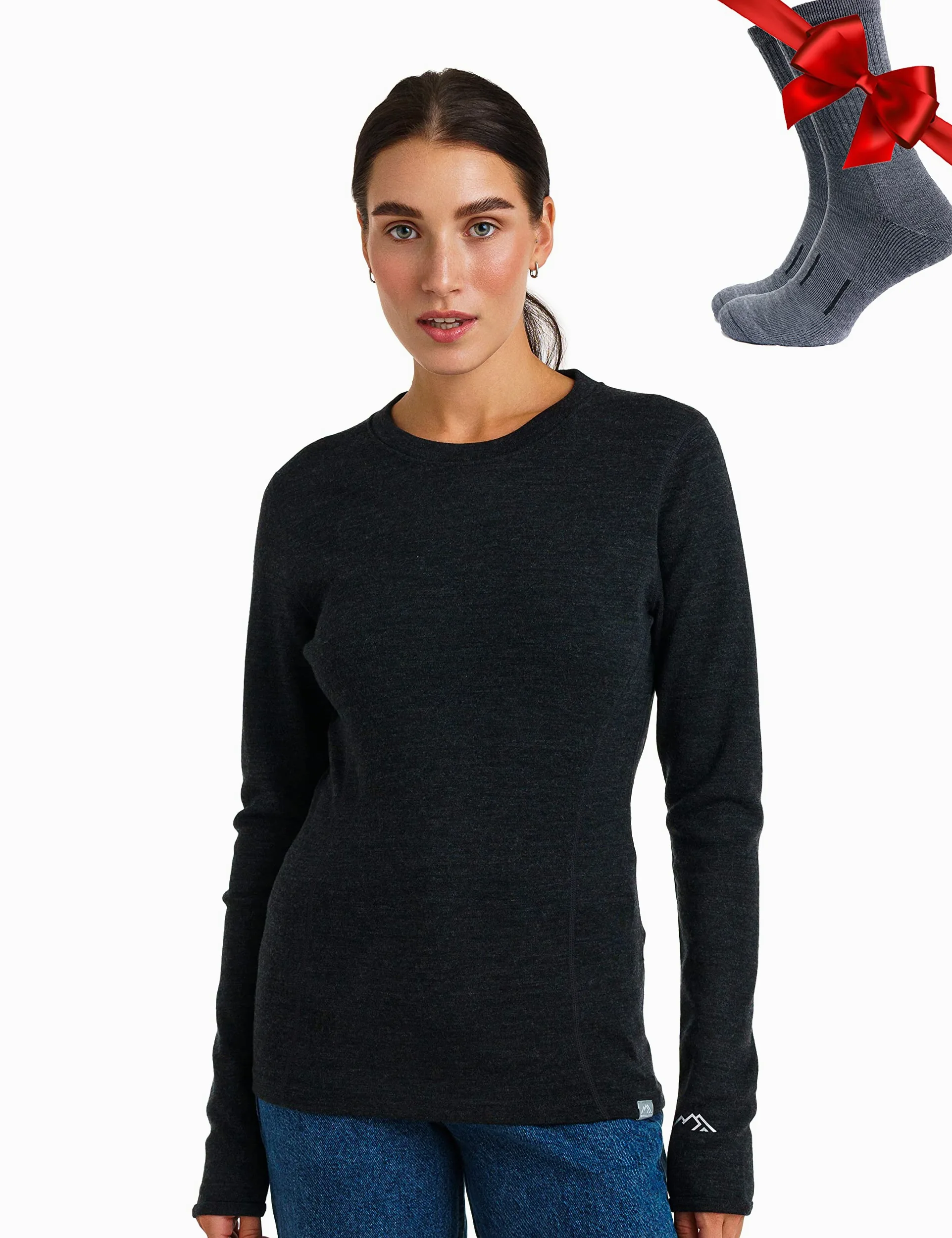 Merino.tech 100% Merino Shirt Damen Langarm + Wollsocken (X-Large, 320 Charcoal Grey)