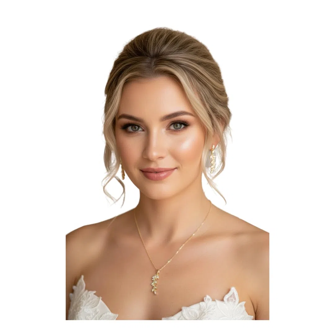 Elegantes Brautschmuck Set mit Zirkonia, Halskette und Ohrringe, Gold Silber oder Rosegold, Rückenkette abnehmbar, Schmuckset, Blatt, Blätter, Hochzeit
