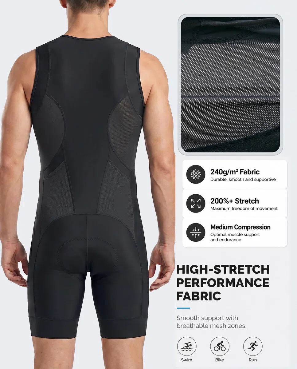 Przewalski Herren Triathlon Anzug Ärmellos Trisuit mit Polster Half-Zip 2 Rückentaschen für Swim Bike Run