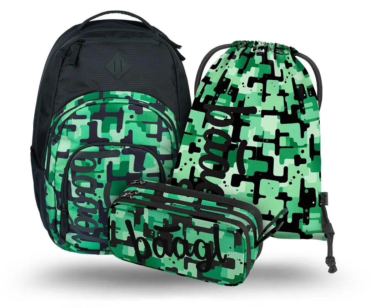 Baagl Schulrucksack Set 3 Teilig Rucksack Grundschule Daypack 35 l Green | Ergonomischer Großer Ranzen mit Brustgurt und Laptopfach für Jungen Mädchen Teenager bietet ein Kühlfach für Schulbücher.