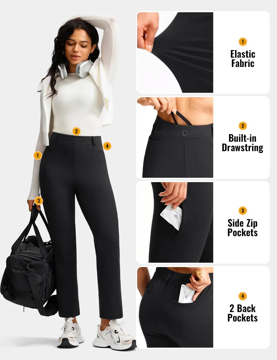 ISEEGZ Fleece-gefütterte Damen-Hose, Stretch-Reisehose mit Reißverschlusstaschen, schmal, elegant, Golf, Business, Arbeit, Freizeithose