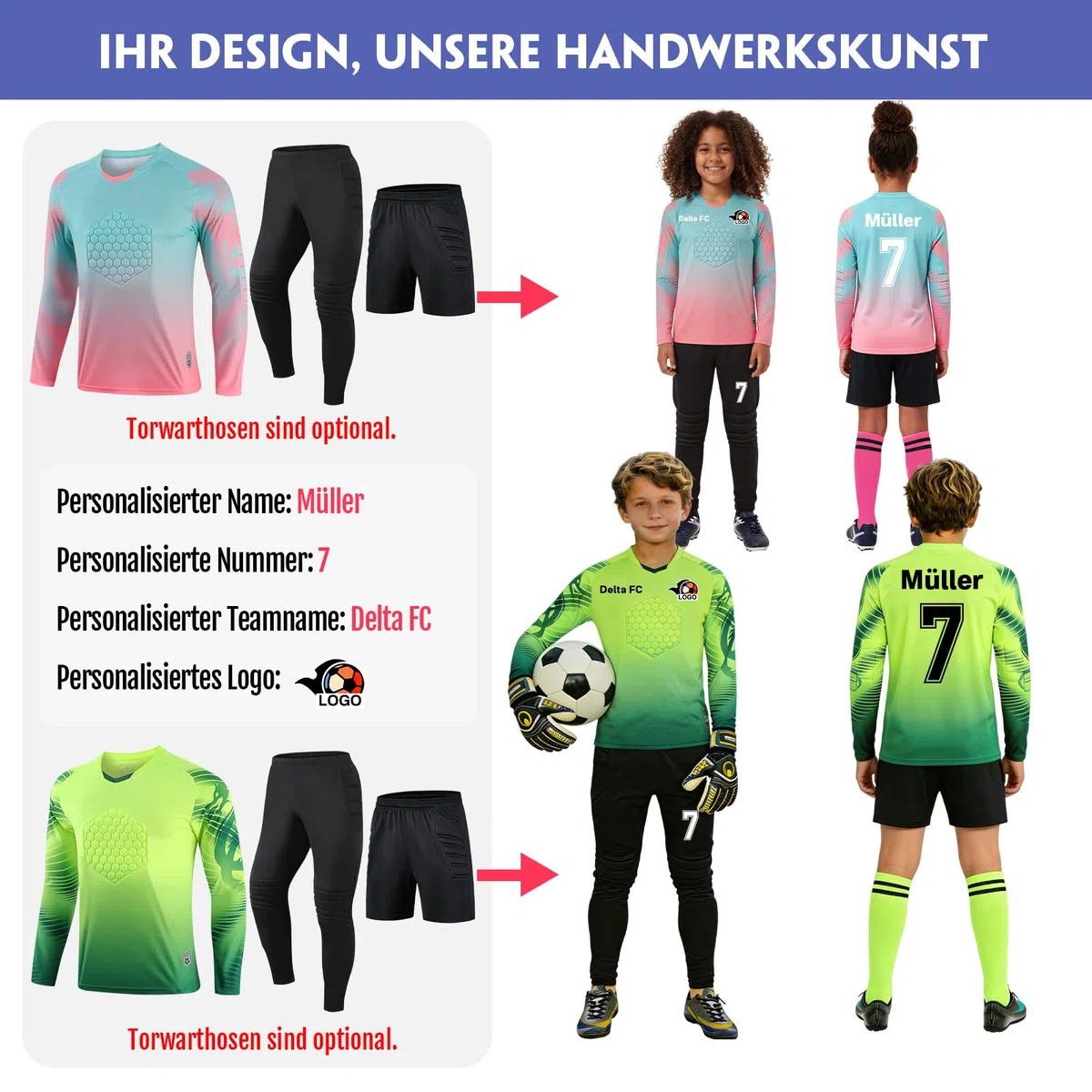 LAIFU Torwarttrikot Kinder Erwachsene Heim/Auswärts Torwarttrikot mit Namen Nummer Team Torwartset （Torwarttrikot + Torwarthose）