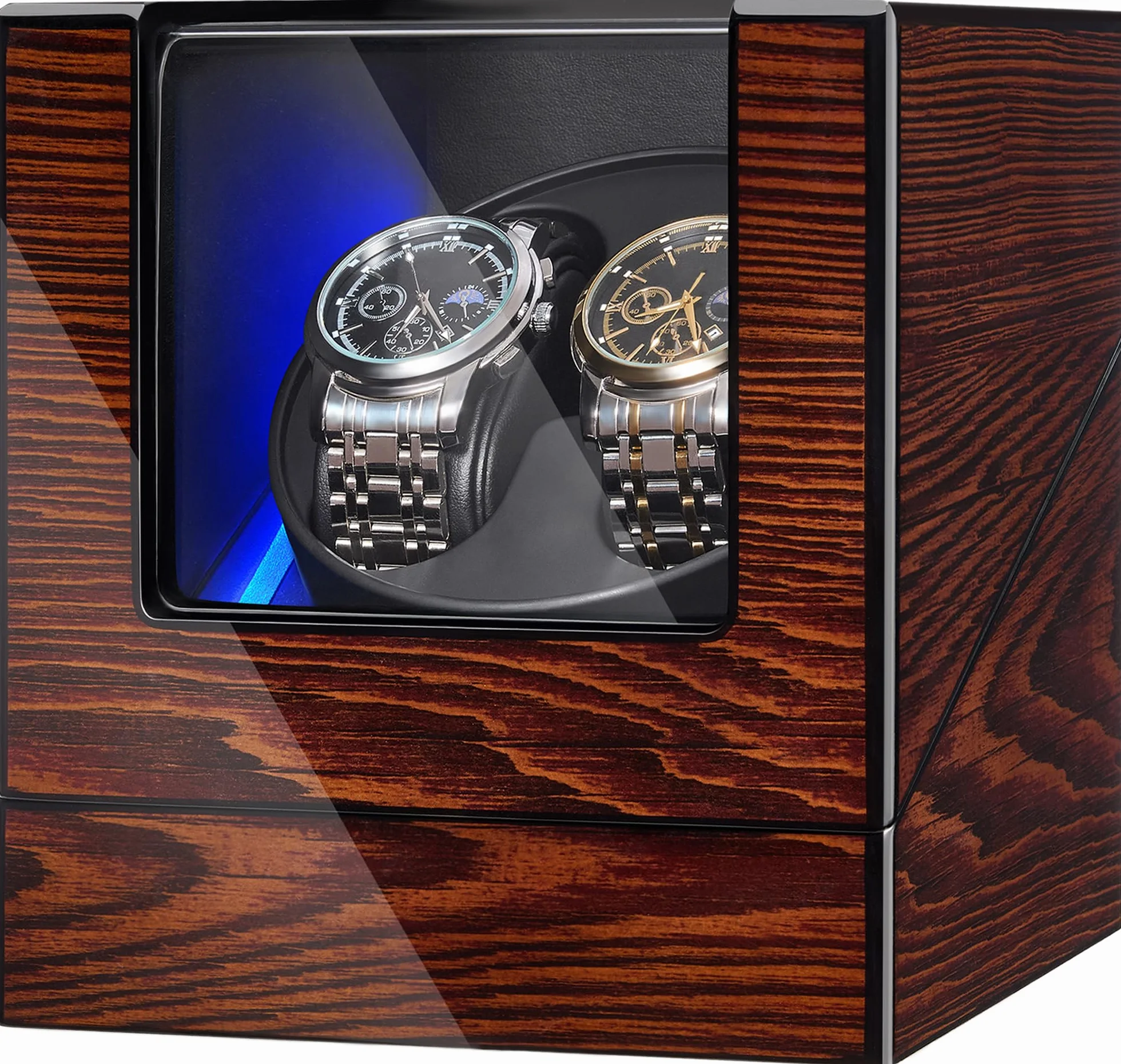 BEWISHOME Automatik Uhrenbeweger, Uhrenbeweger 2 Uhren mit LED-Beleuchtung, Uhrendreher Automatikuhren mit Leisem Motor aus Holz, 4 Modi, Batterie oder USB, braun ESYQ02Y