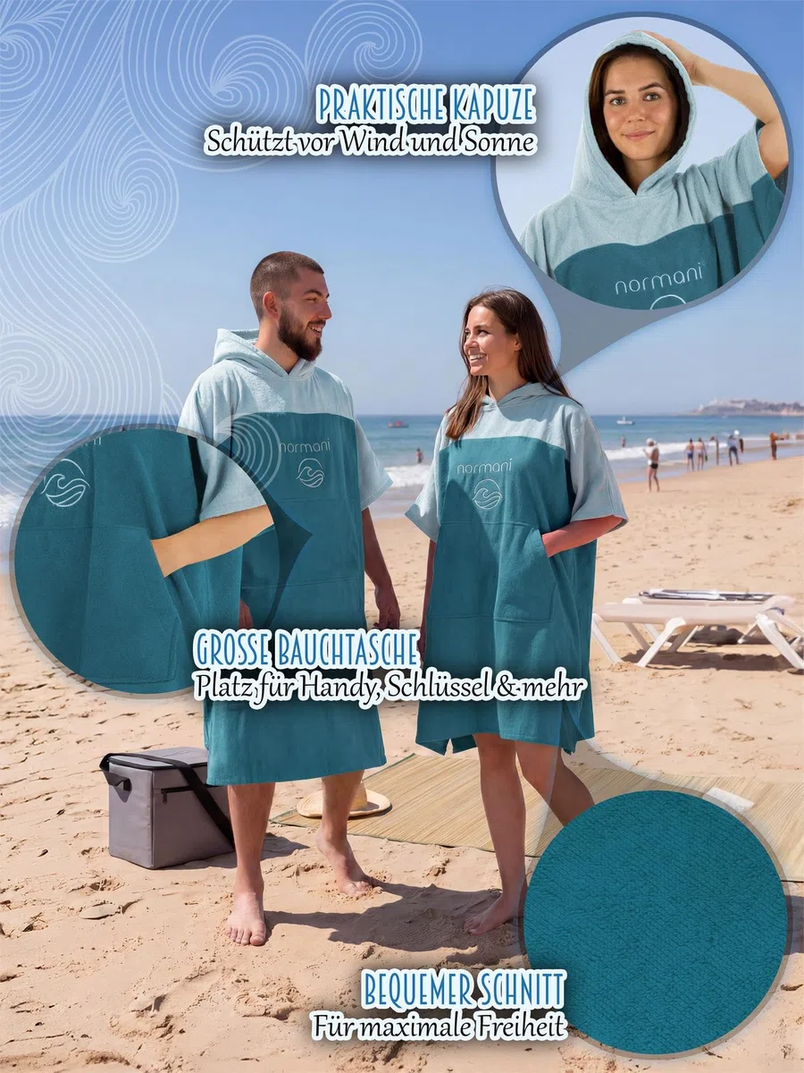 normani Badeponcho für Erwachsene aus Bio-Baumwolle - Strandponcho Surfer-Poncho mit Kapuze - Strand Umziehhilfe für Herren und Damen