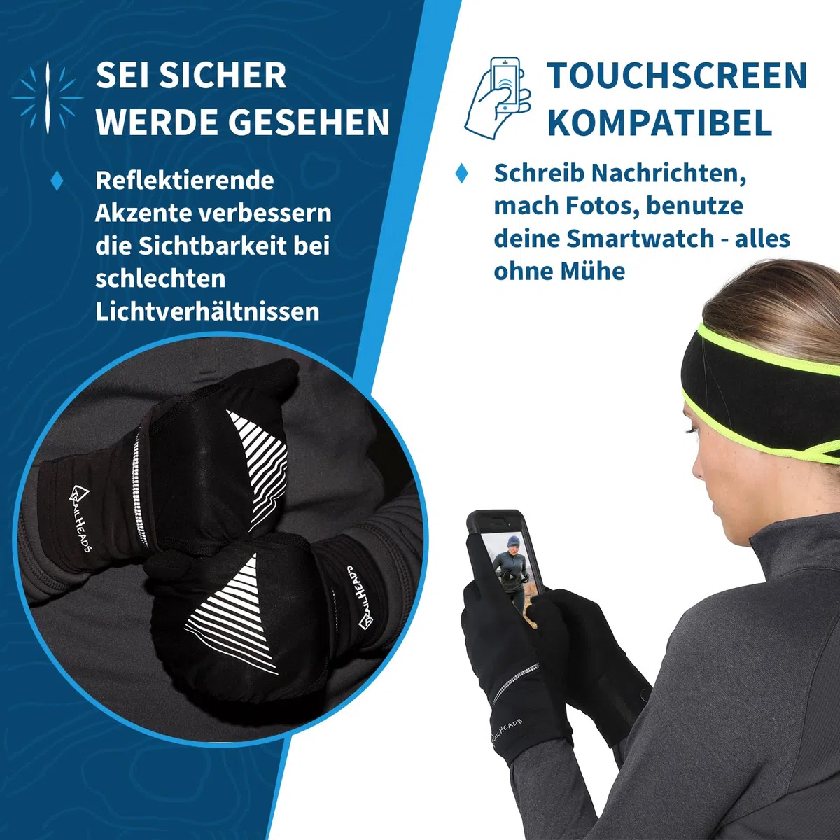 TrailHeads Damen Touchscreen-Handschuhe mit reflektierender wasserdichter Fäustlingschale, wandelbare Laufhandschuhe