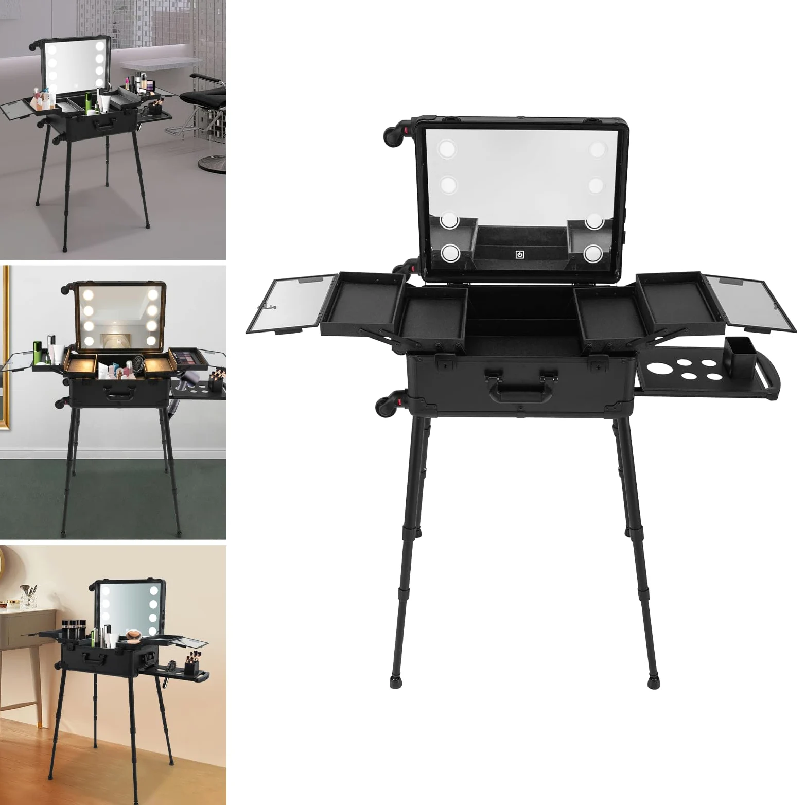 Profi Kosmetikkoffer Trolley, Multifunktional Schminkkoffer, Make Up Koffer mit Spiegel und LED Licht, Friseurkoffer mit Kardanisch & Verstellbare Beine
