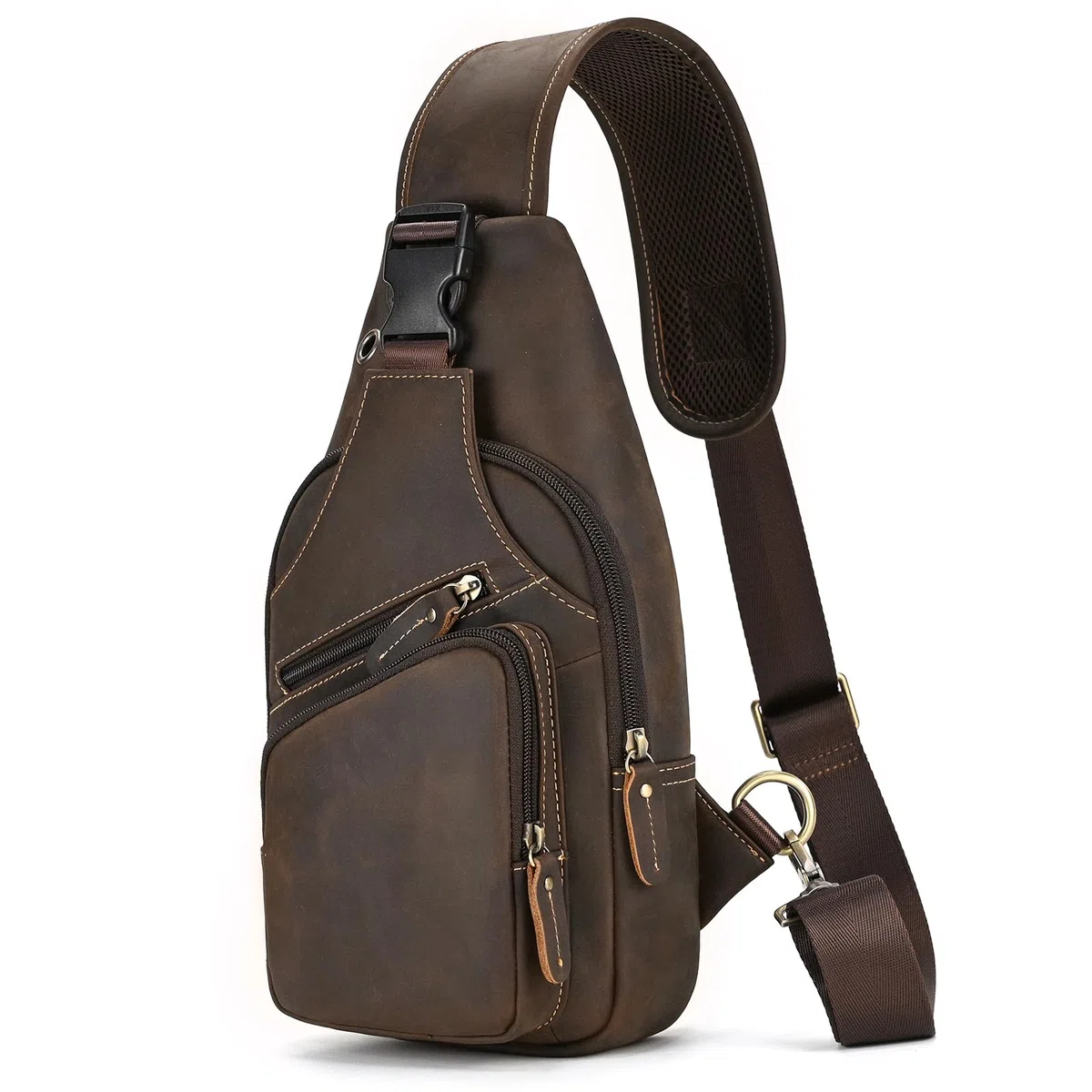 Herren Echtes Leder Brusttasche Umhängetasche Sport Outdoor Messenger Bag Wanderrucksäcke, 9455 Dunkelbraun