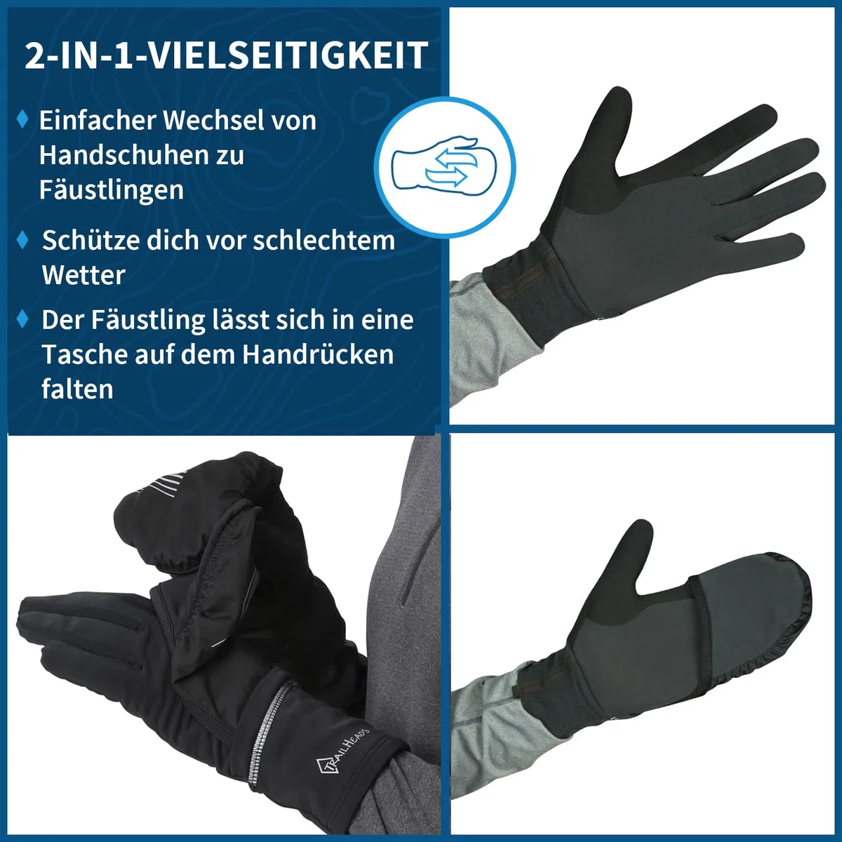 TrailHeads Damen Touchscreen-Handschuhe mit reflektierender wasserdichter Fäustlingschale, wandelbare Laufhandschuhe