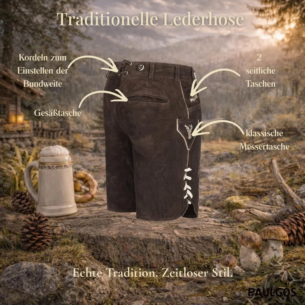 PAULGOS Herren Trachten Lederhose HK3 + Träger, Echtes Leder, Gr. 44-60