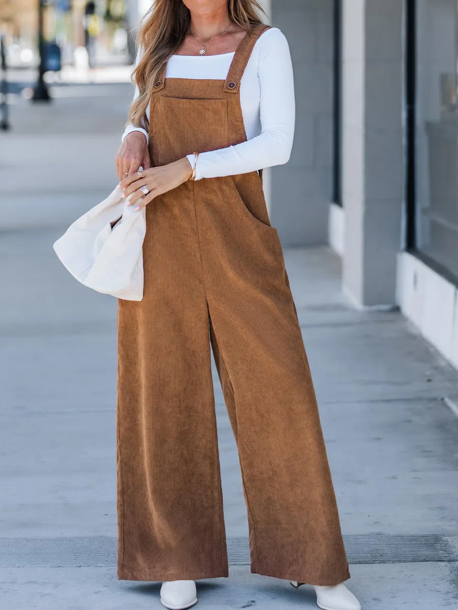 CUPSHE Damen Cord Latzhosen Ärmellos Overall Weites Bein Quadratischer Ausschnitt Jumpsuit Herbst Winter Outfit