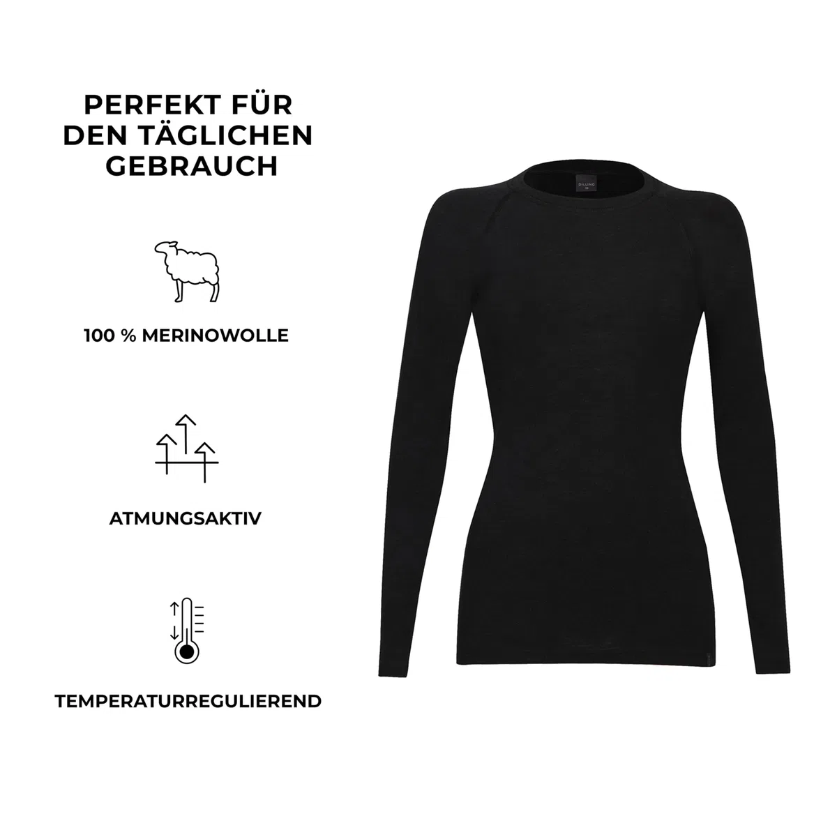 Dilling Damen Merinowolle Langarmshirt Raglanärmel Baselayer temperaturregulierend atmungsaktiv