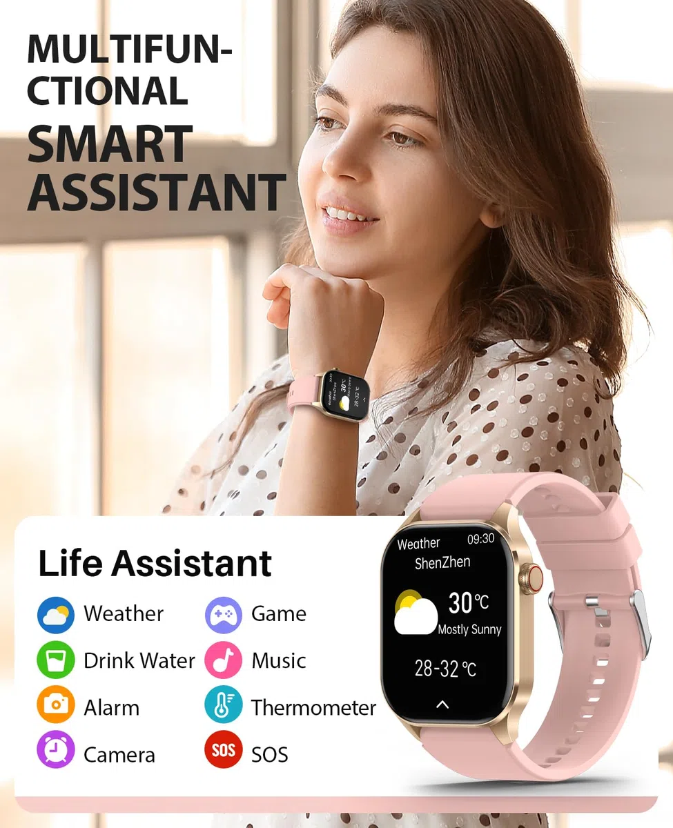 SOUYIE Smartwatch Damen mit Telefonfunktion, 2.04” AMOLED Touchscreen IP68 Wasserdicht Sportuhr mit Blutdruckmessung Pulsmesser Schlafmonitor SpO2 Menstruationszyklus, Uhren für iOS Android