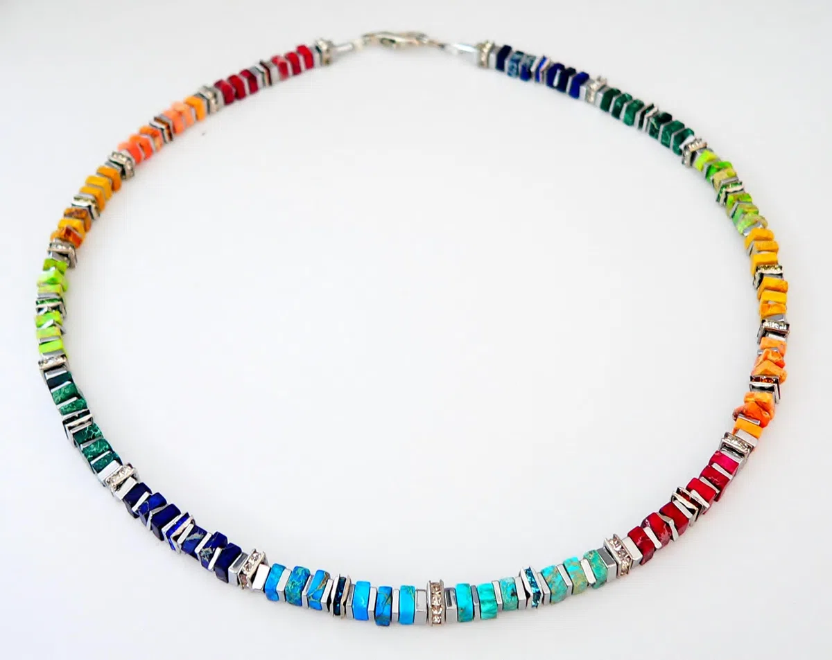 Generisch Halskette, Kette, Collier Armband Ohrringe Schmuck Set, Edelstein Impressions Jaspis, Quadrate Hämatit Strass mehrfarbig multicolor bunt