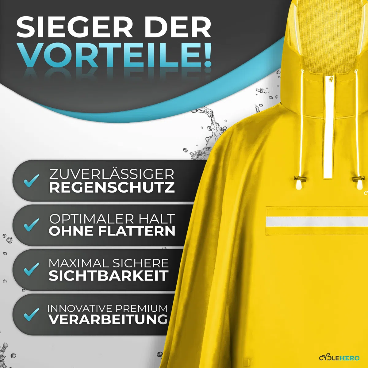 Premium Regenponcho Fahrrad wasserdicht SEHR GUT GETESTET - Regencape Fahrrad mit Reflektoren und Sichtfenster - Fahrrad Regenbekleidung als Regenponcho Damen und Herren wasserdicht