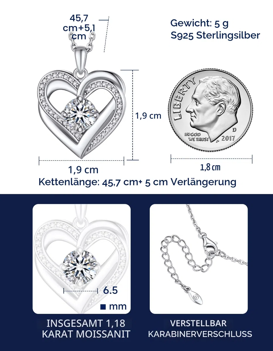 MomentWish Halskette Damen Silber 925, 1 Karat Moissanite Kette Diamant Silberkette mit Herz Anhänger Rosegold Schmuck Geschenk für Frauen Freundin Mama