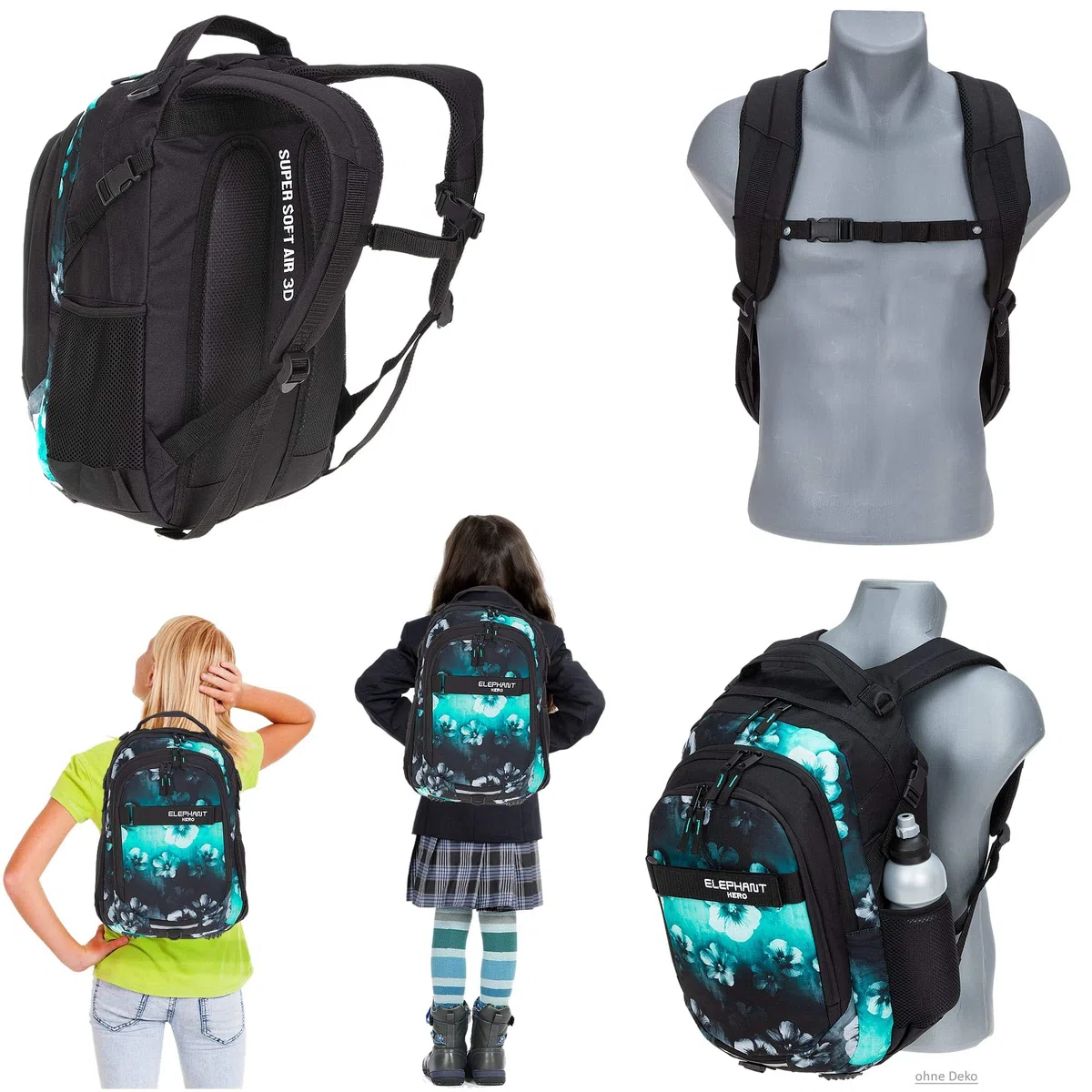 Elephant 3 Teile Set Schulrucksack Hero Signature Rucksack + Sporttasche + Mäppchen 12609 (Flower Türkis-Schwarz Verlauf)