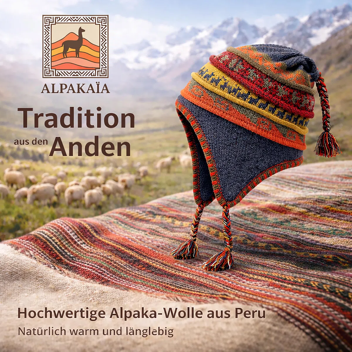 Alpaka Wollmütze Herren Damen – Warme Wintermütze aus Baby Alpaka – Handgemachte Ethno Strickmütze im Peru Stil mit Ohrenschutz für Outdoor, Ski, Reisen & kalte Wintertage – Weich & Atmungsaktiv