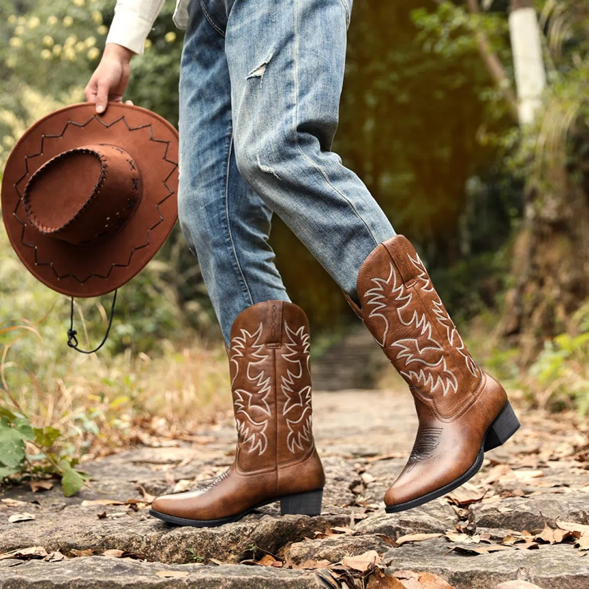 ANUFER Männer Stilvoll Gestickt Cowboy-Stiefel Western Absatz Spitze Zehe Slip-On Stiefel Mit Mittlerer Wade SN071164