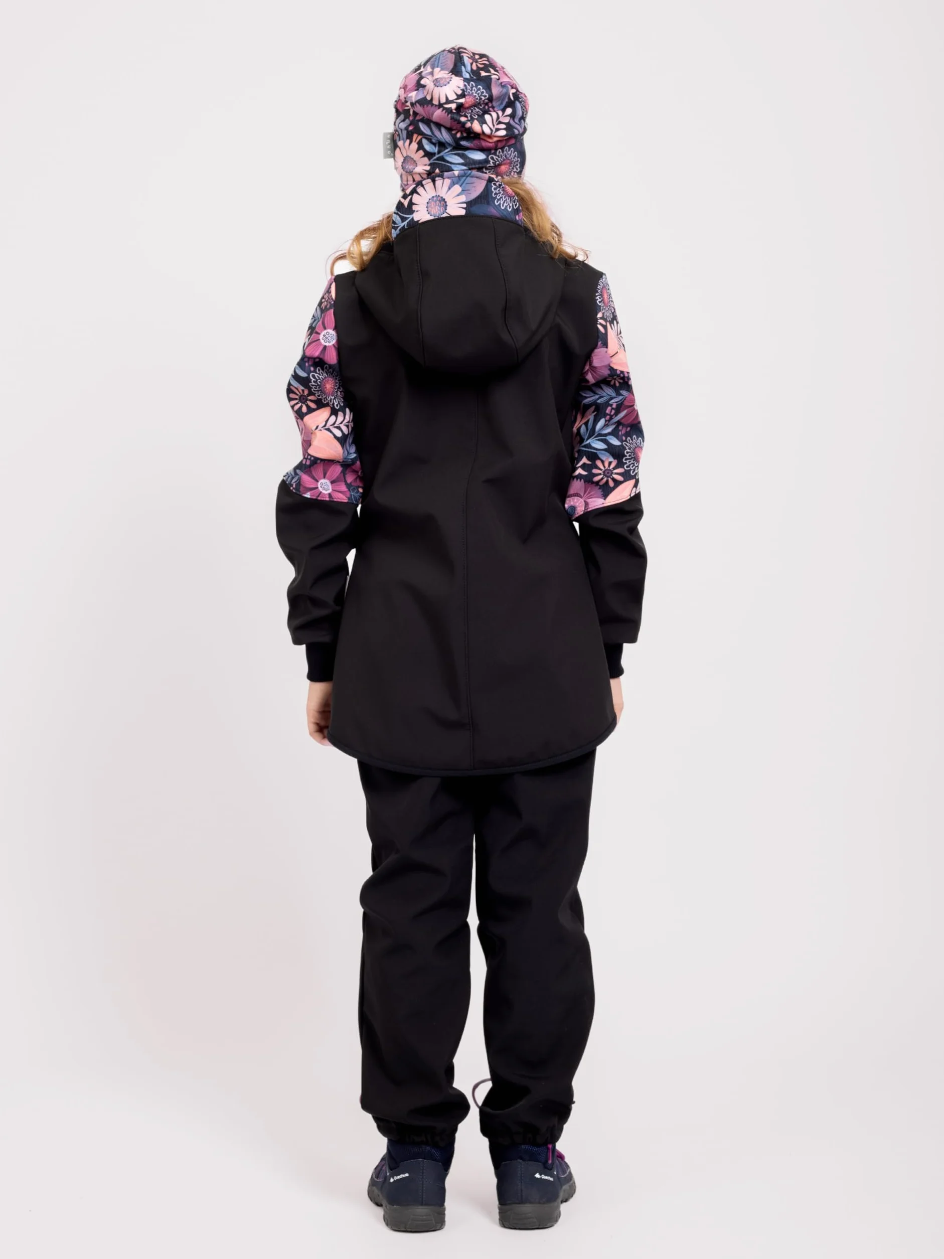 Mädchen Softshellmantel mit Fleece Street, Schwarz, Magische Blumen