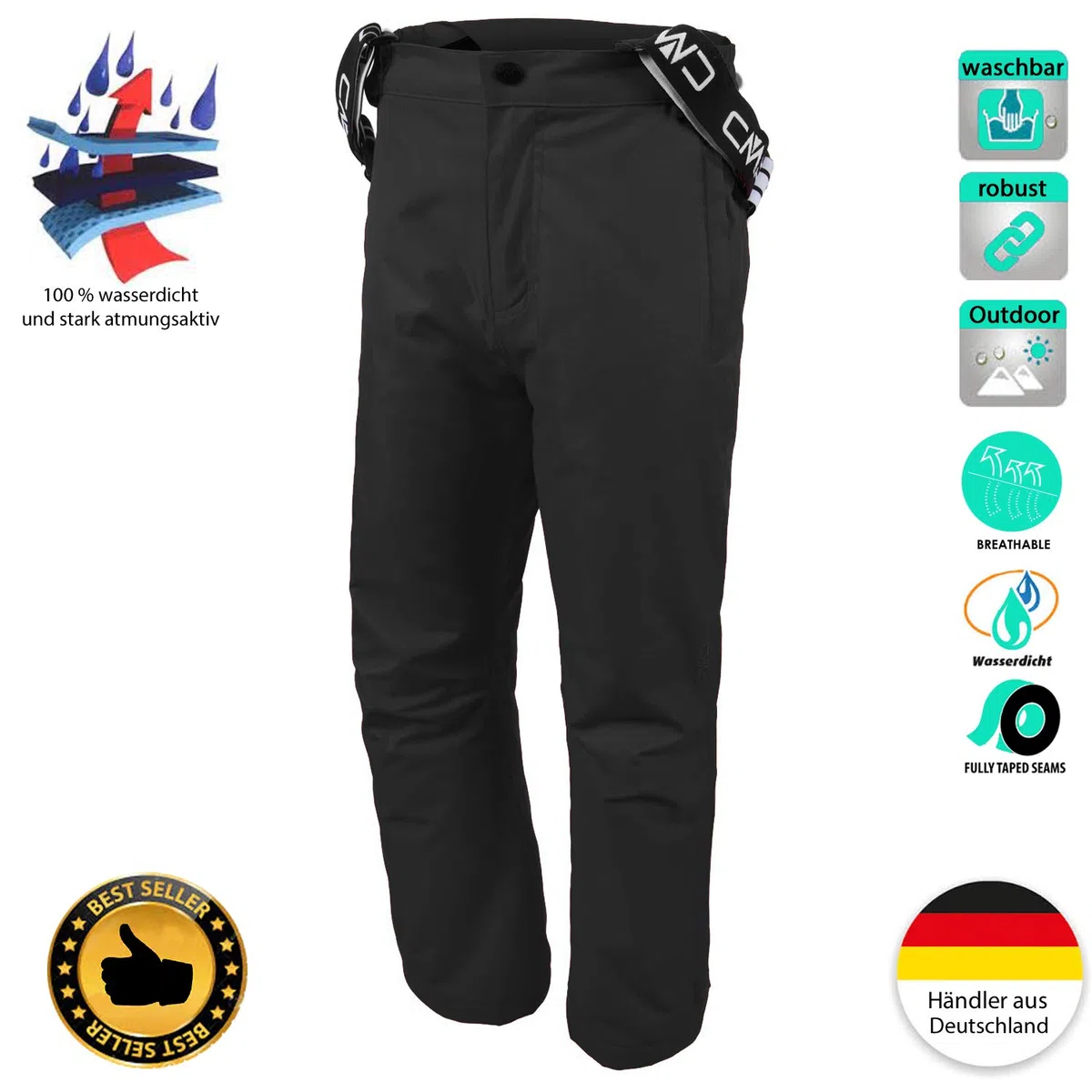 CMP Skihose Tjorven für Kinder | wasserdicht und schneefest | Fleecefütterung | mit Hosenträgern | in vielen Farben und Größen