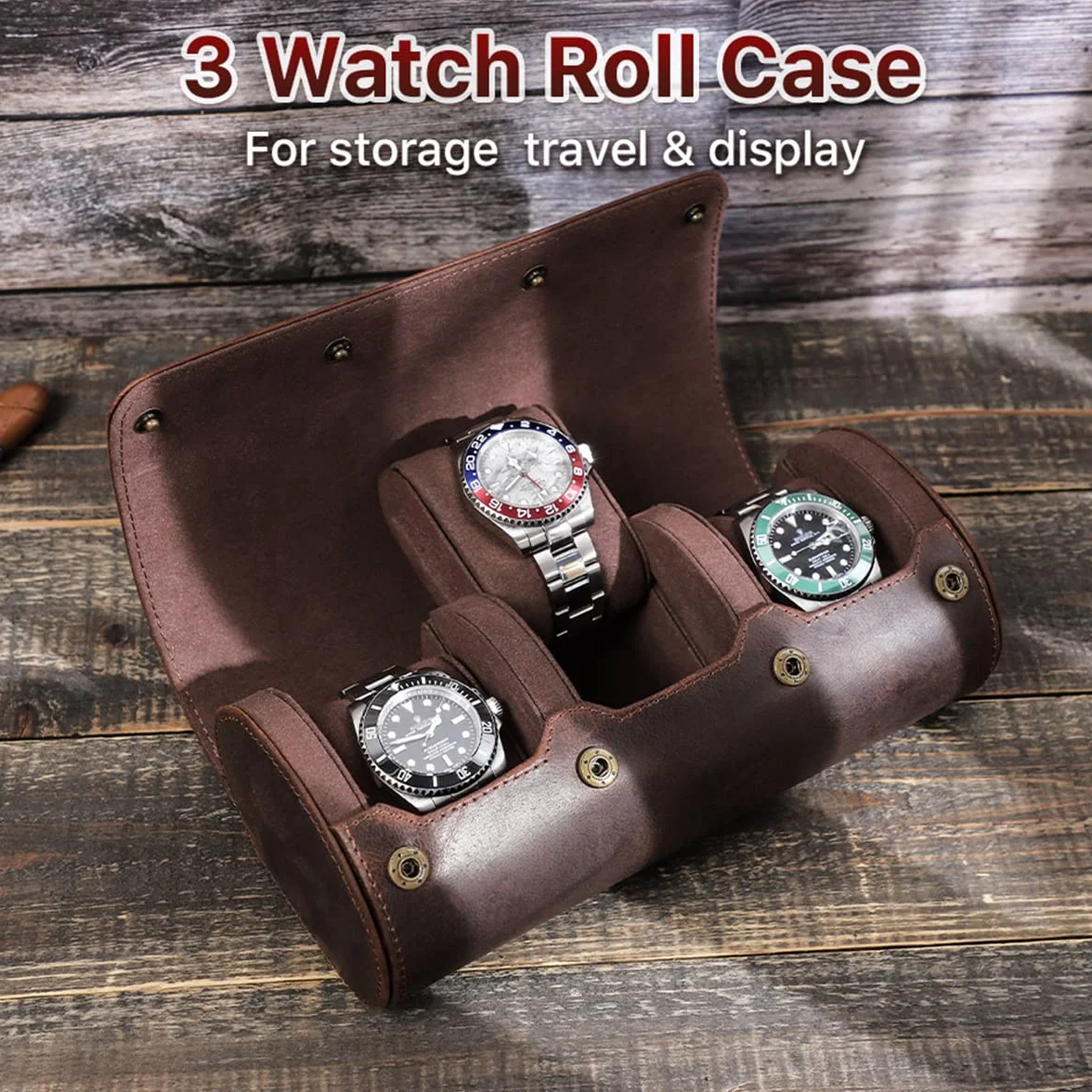 Hiram Echtes Leder 3 Uhren Reiseetui Rolle Handgefertigte Reiseaufbewahrung Uhrenbox Tragbarer Schmuck Organizer