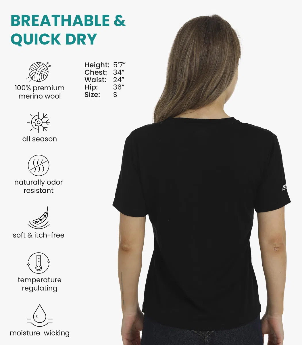 100% Merino Shirt Damen V-Ausschnitt - Merino Unterwäsche Damen - Sportshirt Wandershirt Schnell Trocknend, Atmungsaktiv, Anti Schweiss (XX-Large, Black V-Neck)