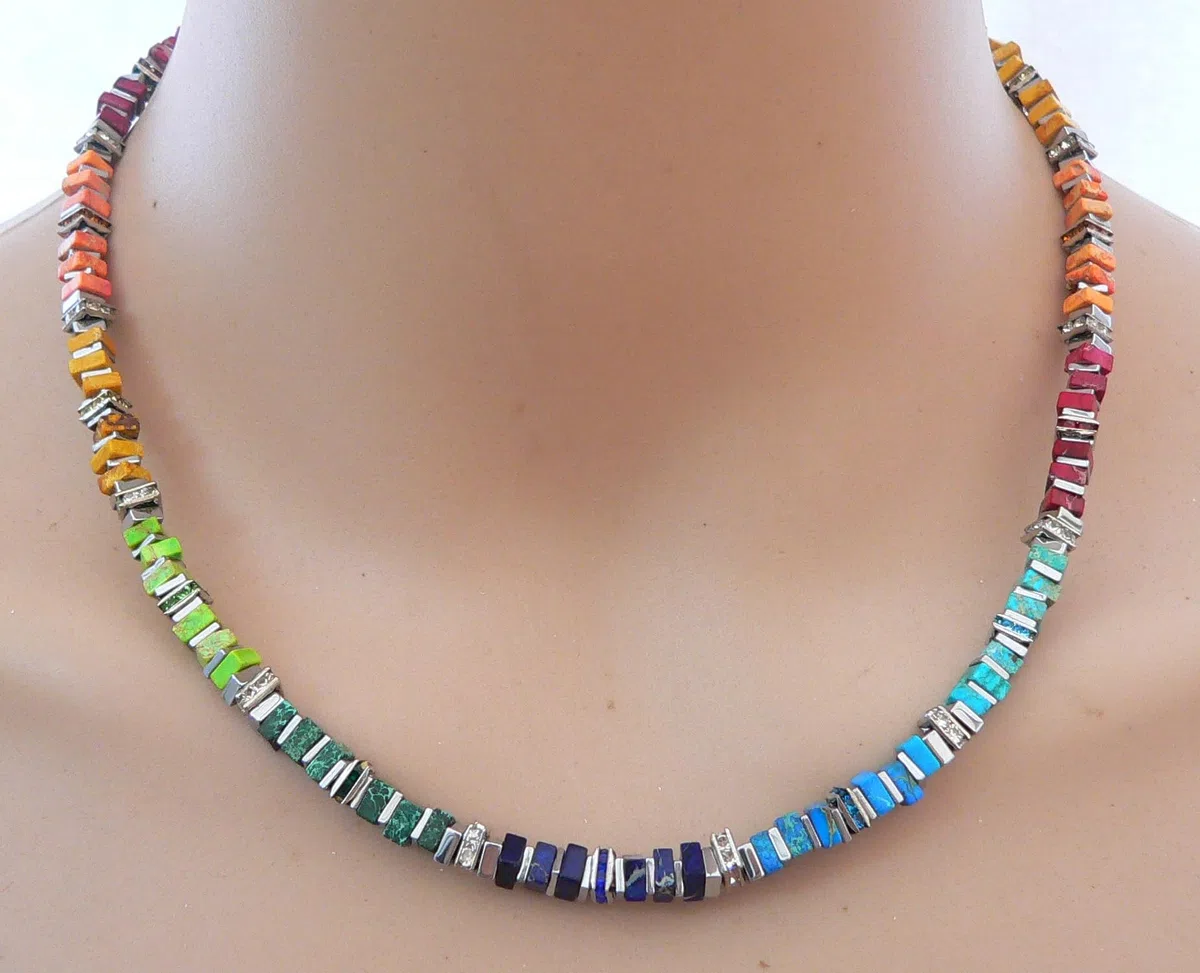 Generisch Halskette, Kette, Collier Armband Ohrringe Schmuck Set, Edelstein Impressions Jaspis, Quadrate Hämatit Strass mehrfarbig multicolor bunt