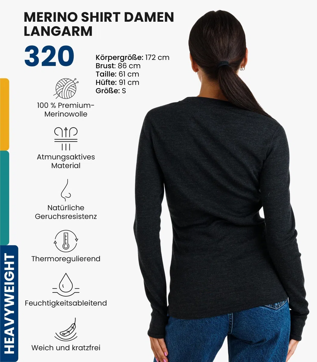 Merino.tech 100% Merino Shirt Damen Langarm + Wollsocken (X-Large, 320 Charcoal Grey)
