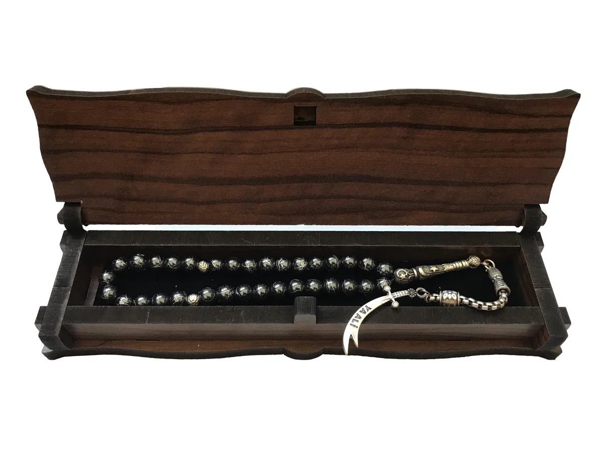 Box Schatulle 'Hz Ali' Aleviten Zülfikar Schwert aus Holz Handgemacht & Tesbih Gebetskette 33 Perlen, ColorName:ohne Gravur