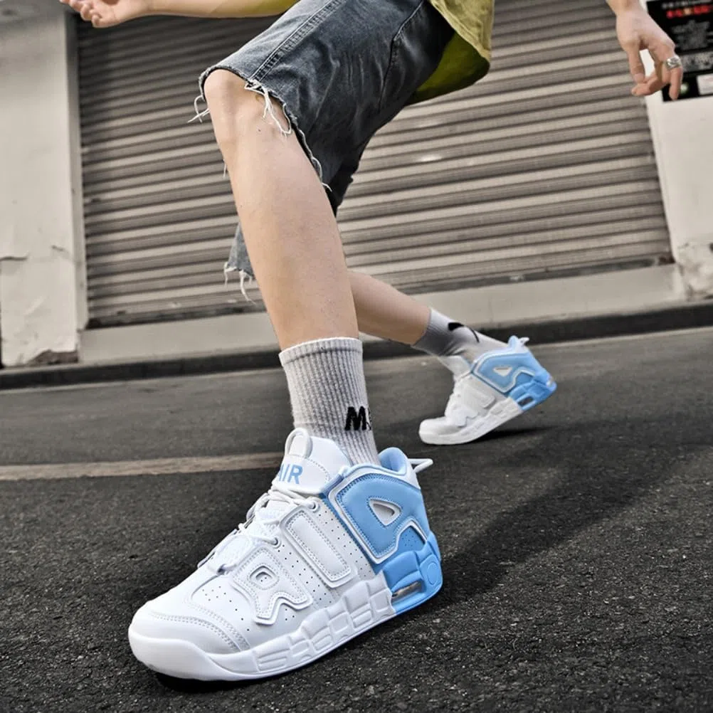 Sneaker Herren Damen Retro Skateboardschuhe Laufschuhe Turnschuhe mit Luftpolster Walkingschuhe Studenten Anti-Rutsch leichter Jungen Mädchen Basketballschuhe modisch Sportschuhe (Weiß blau 3,40)