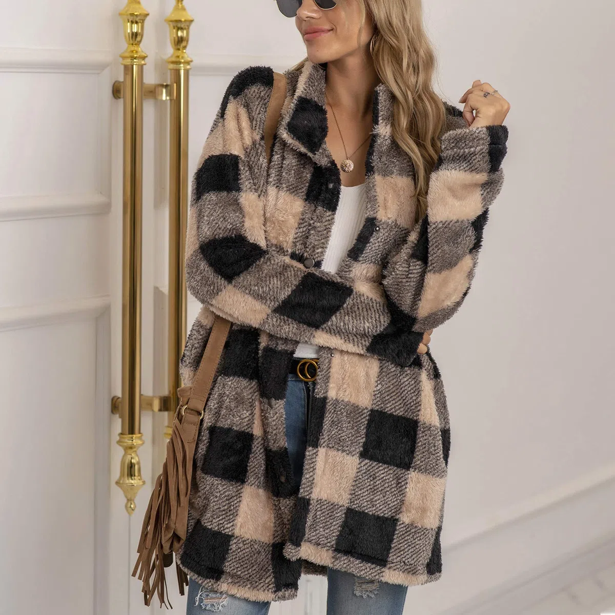 DeaAmyGline Fleecejacke Damen Lang Karierte Winter Jacke Mantel Parka Cardigan Plüschjacke Plüschmantel Wintermantel Winterjacke Fleece Jacken Damenjacken Teddyjacke für Frauen