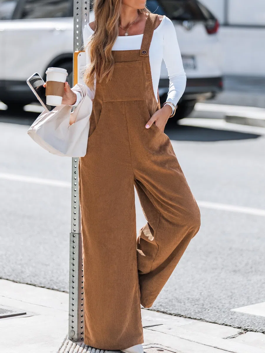 CUPSHE Damen Cord Latzhosen Ärmellos Overall Weites Bein Quadratischer Ausschnitt Jumpsuit Herbst Winter Outfit