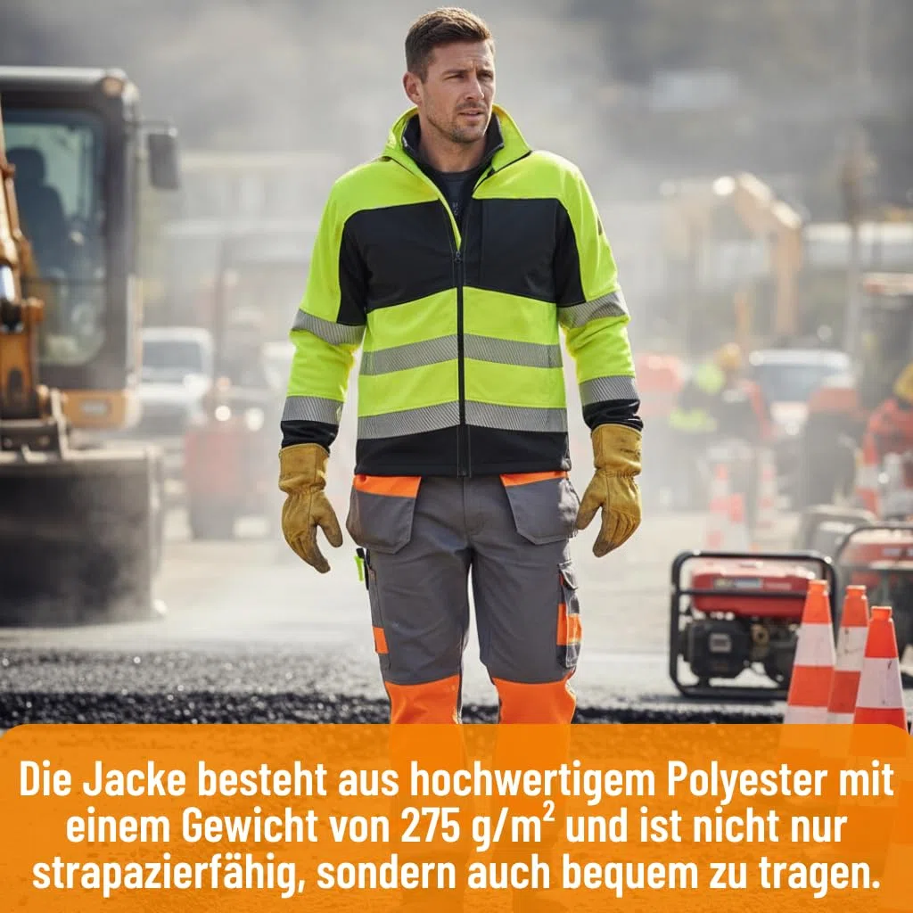 NEO TOOLS Warnschutz Softshell Jacke Klasse - Gelb/Schwarz, Reflektierende Streifen, Taschen mit Reißverschluss, Verstellbare Ärmel, Namensschild für Bau, Straße & Lager