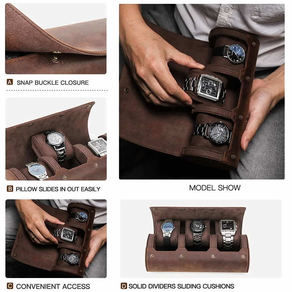 Hiram Echtes Leder 3 Uhren Reiseetui Rolle Handgefertigte Reiseaufbewahrung Uhrenbox Tragbarer Schmuck Organizer