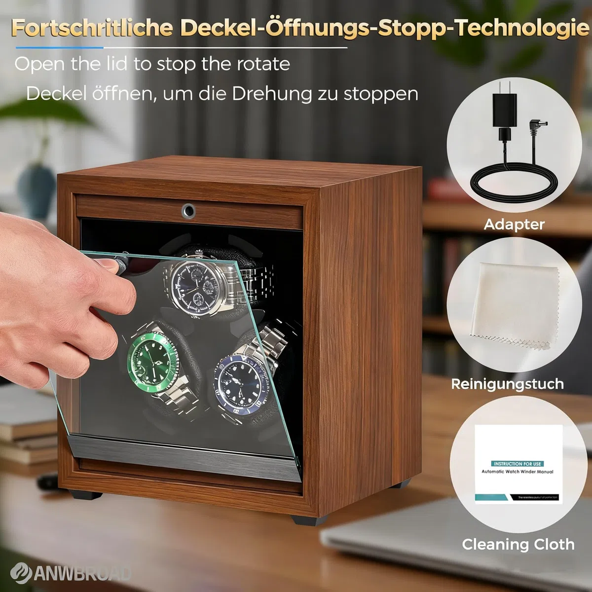 ANWBROAD Uhrenbeweger für Automatikuhren 3 Uhrenrotatoren mit LED und 4 Rotationsmodi Holz Superleiser Japanischer Motor Memory Foam-Kissen mit Adapter Geschenk für den Mann JWW013M