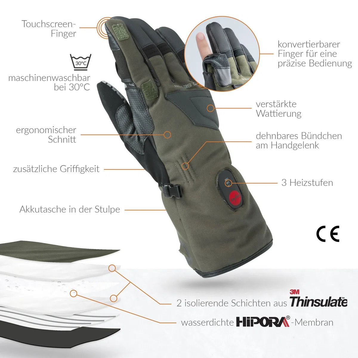30seven Beheizte Jagdhandschuhe, elektronische Heizhandschuhe zum Jagen/Paintball UVM, wasserfeste & Winddichte Outdoor-Bekleidung, für Damen & Herren, Khaki in 7-XS - 11-XL