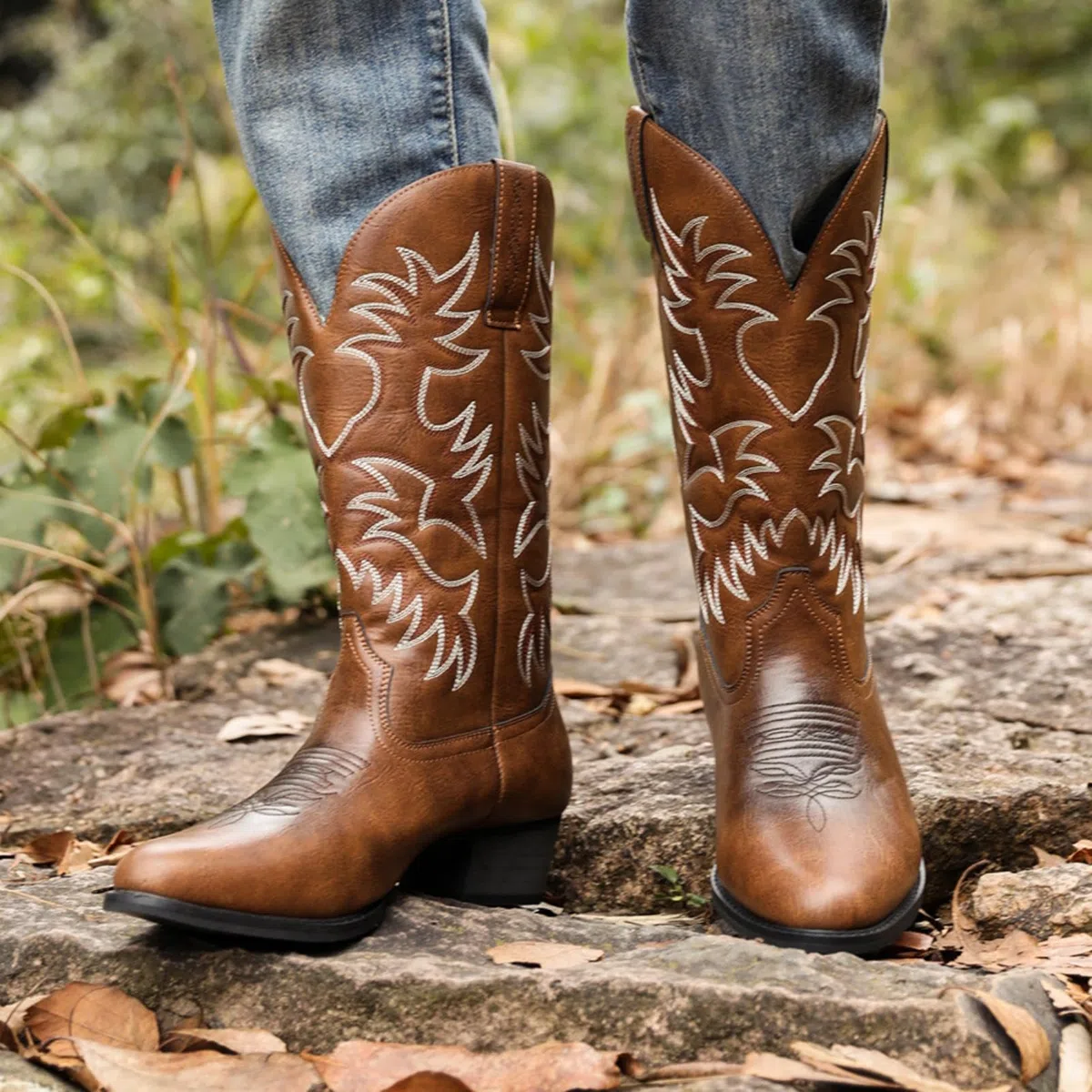 ANUFER Männer Stilvoll Gestickt Cowboy-Stiefel Western Absatz Spitze Zehe Slip-On Stiefel Mit Mittlerer Wade SN071164