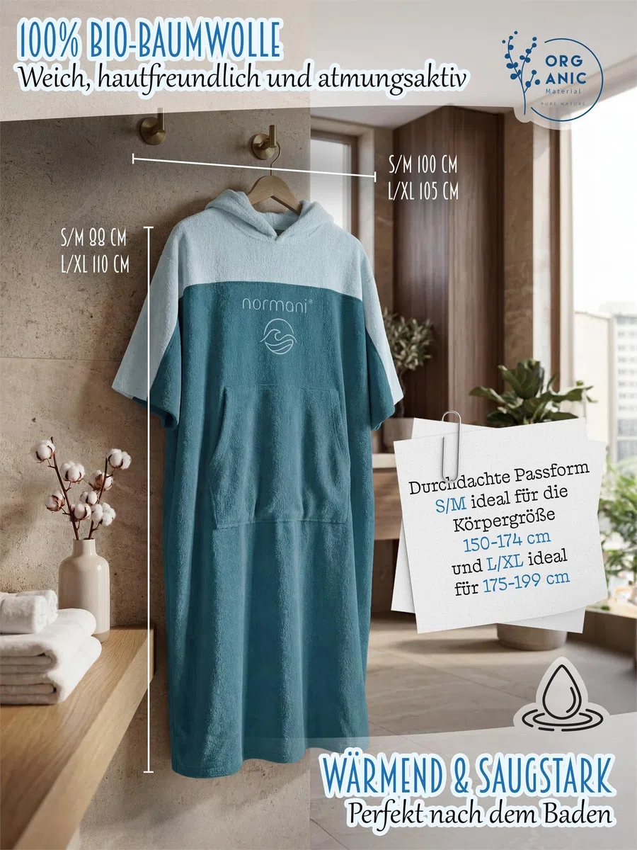 normani Badeponcho für Erwachsene aus Bio-Baumwolle - Strandponcho Surfer-Poncho mit Kapuze - Strand Umziehhilfe für Herren und Damen