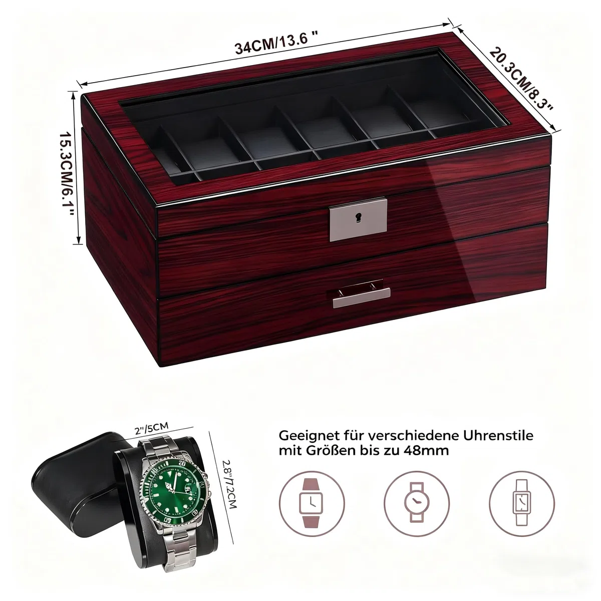 ANWBROAD Uhrenetuis Für Herren Uhrenbox Mit 12 Fächern und Großem Glasdeckel 2 Stufige Uhrenvitrine Abschließbarer Uhren Organizer Luxuriöser Uhrenhalter für Geschenk Geeignet JWB003Y