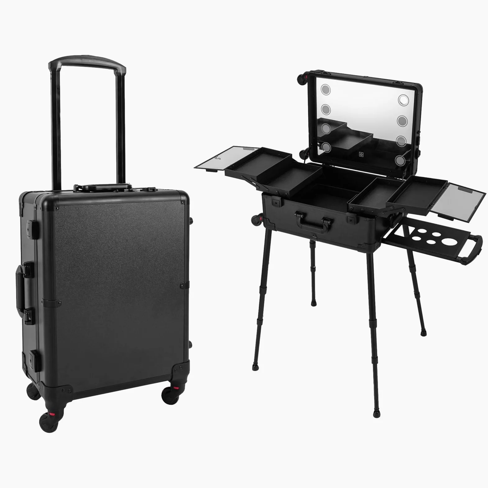 Profi Kosmetikkoffer Trolley, Multifunktional Schminkkoffer, Make Up Koffer mit Spiegel und LED Licht, Friseurkoffer mit Kardanisch & Verstellbare Beine